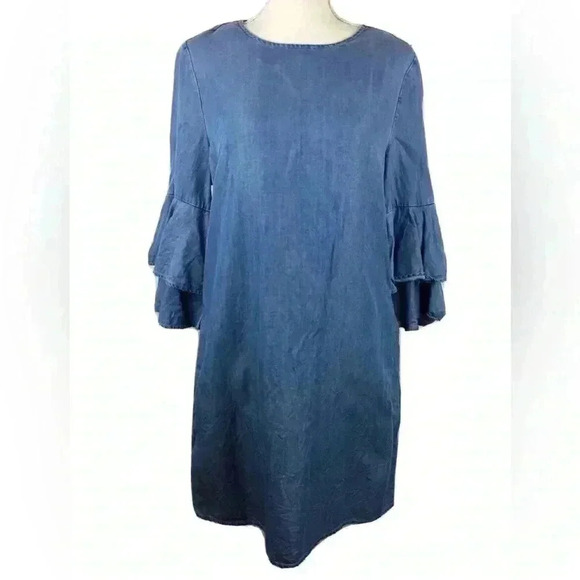 Beach Lunch Lounge Women's Denim Shift Dress Bell Ruffle Sleeve - Picture 6 of 6